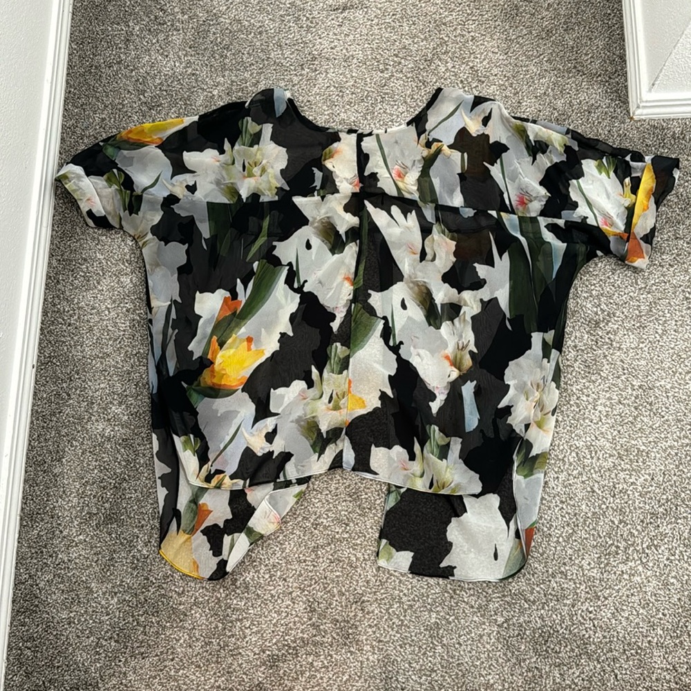 TOPSHOP sheer floral top with split back and rolled sleeves sz 8